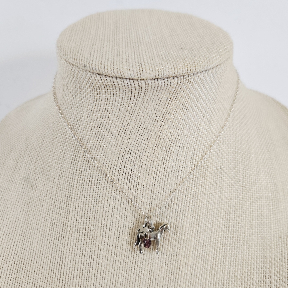 Vintage Sterling Silver Signed 925 Horse Charm M Initial Amethyst Necklace Chain